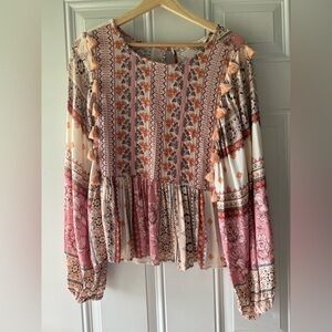 AEO Boho Embroidered Tassel Floral Print Long Sleeve Peplum Top